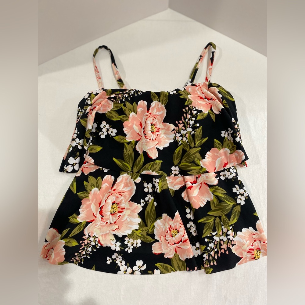 Kona Sol Black Floral Layered Tankini Top with Pink Blooms